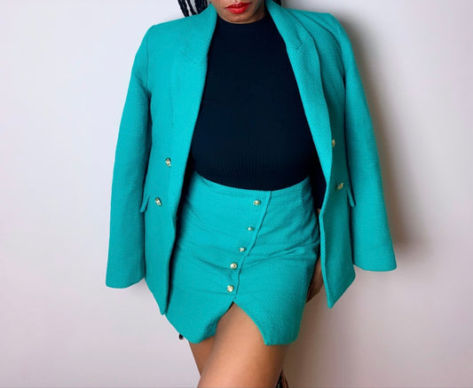 Green Tweed Blazer and Mini Skirt Co-Ord